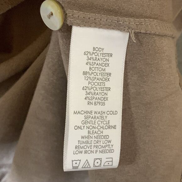 LOGO by Lori Goldstein Open Front Cardigan Large Beige Camel Suede Feel Hem - Picture 9 of 9